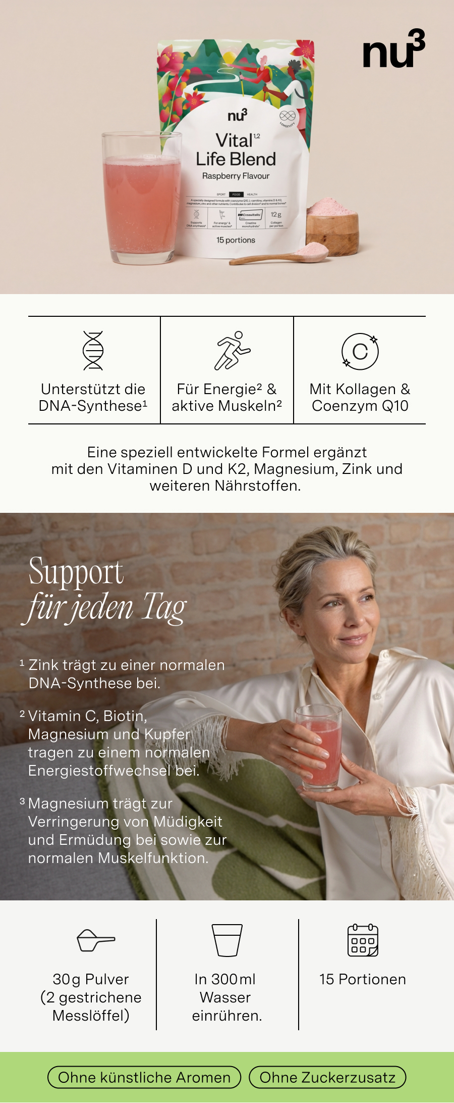 nu3 Vital Life Blend Himbeergeschmack mit Glas, Löffel und Pulver.